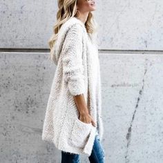 Oversized Faux Wool Long Hooded Cardigan Sweaters Hooded Cardigan Sweater, Cardigan Outfits, Hooded Cardigan, Molasses, Fashion 2018, Style Chic, Ladies Dress Design, Mode Inspiration, Fall Winter Outfits