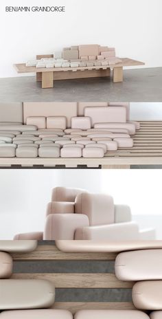 two pictures of different types of furniture on the same floor, one in white and one in pink