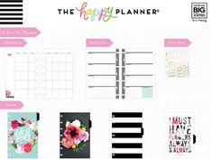 the happy planner printables are shown in pink and black, with flowers on them