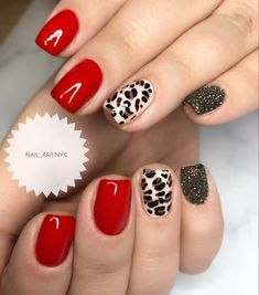 Red Nails With Leopard, Red Nails With Leopard Print, Leopard Print Nails Short, Nails Red Ideas, Red With Leopard Print Nails, Red And Leopard Print Nails, Nails Rojas Cortas, Red And Cheetah Nails, Red Nails With Cheetah Print