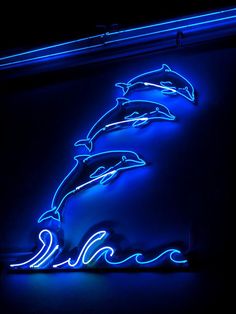 a neon sign that has dolphins on it