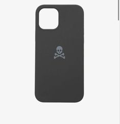 a black phone case with a skull and crossbones on the back, against a white background