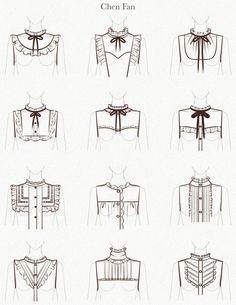 different types of blouses with bows on the neck and back, all drawn in black ink