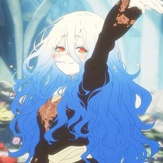 an anime character with blue hair and long white hair pointing at something in the air