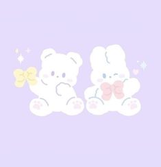 two white teddy bears sitting next to each other on a purple background with stars and hearts