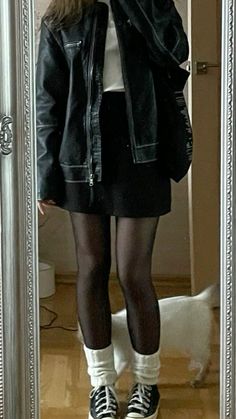 Leather Jacket Black Skirt Outfit, Black Skirt Black Jacket Outfit, Thrifted Leather Jacket Outfit, Black Jacket And Skirt Outfit, Black Corset Outfit Concert, Black Leather Jacket With Skirt, Leather Jacket With A Dress, Mini Skirt Jacket Outfit, Denim Jacket Outfit Ideas Women