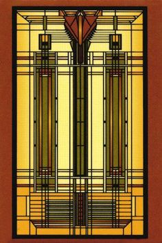 an art deco stained glass window with gold and brown trim, featuring geometric shapes in the center