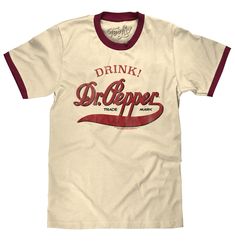 PRICES MAY VARY. Are You A Pepper?: Then let the world know it with this retro soda shirt featuring the Drink Dr Pepper Trademark logo - distressed and printed on the softest, natural beige and maroon ringer t-shirt we could find. Easy Care Tees: This Dr Pepper logo design is licensed and screen-printed on a soft, 100% cotton natural beige and maroon ringer tee shirt that goes from the washing machine to the dryer without losing shape, shrinking or fading. Graphic print is intentionally distress Pepper Logo Design, Dr Pepper Logo, 70s Shirts, Dr Pepper, Ringer Tee, Fashion T Shirt, Band Shirts, Long Sleeve Sweatshirts, Graphic Shirts