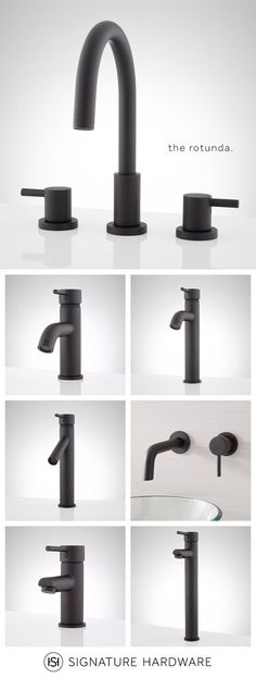 various views of the sink and faucet from different angles, all in black