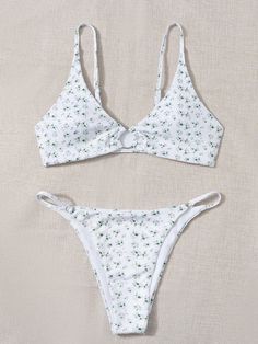 Dark Green Cute Collar   Ditsy Floral  Embellished Medium Stretch  Women Clothing Cute Floral Bathing Suits, Cute Floral Bikinis, Cheap H&m Beach Swimwear, Aesthetic Bikinis Flowers, Elegant Lingerie, Summer Bathing Suits, Trendy Swimsuits, Summer Swimwear, Perfect Bra