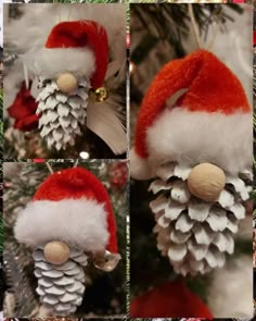 pine cone christmas ornament with santa's hat hanging from the top and bottom