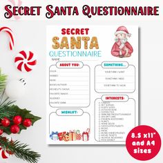 the secret santa question sheet is shown next to candy canes and pepperminks