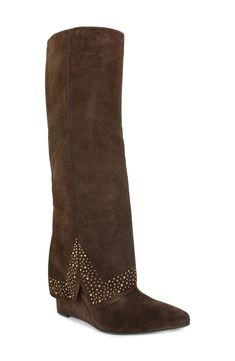 Gleaming studs dapple the exaggerated fold-over upper of this pointed-toe knee-high boot that's a stylish way to step out on the scene. 2 1/2" heel; 3/4" platform 15 1/2" shaft; 13 1/2" calf circumference Pull-on style Leather upper, lining and sole Made in Italy Fold Over Boots, Brown Suede, Knee High Boots, Knee High, Womens Boots, Leather Upper, Going Out, Nordstrom, In Italy