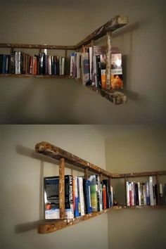 two pictures of bookshelves made out of wooden planks, one is filled with books