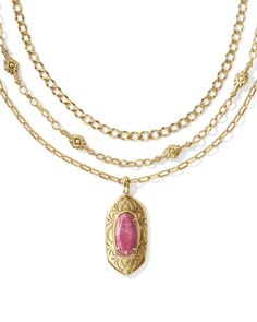 You’ll have all your bases covered (and fits accessorized) with the Keziah Vintage Gold Strand Necklace in Raspberry Variegated Magnesite. A stone pendant in our signature shape steals the spotlight with an intricately etched frame, while two vintage-inspired metal chains add depth and texture to this multi strand stunner. This three-in-one style is also adjustable, so you can change the length of your pre-layered look to your liking. This necklace is a part of Yellow Rose by Kendra Scott—a bran Layering Kendra Scott Necklaces, Summer Wishlist, Gold Cocktail Ring, Gold Statement Earrings, Gold Statement Necklace, Gold Cocktail, Gold Bracelet Cuff, Gold Cuffs, Multi Strand Necklace