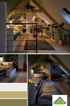 the interior of a loft apartment is shown in three different colors