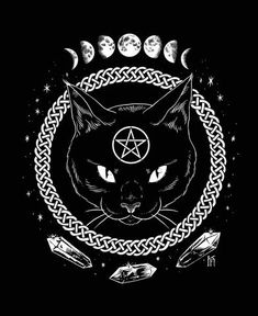 a black cat with an inverted pentagramil on it's head, surrounded by crescent