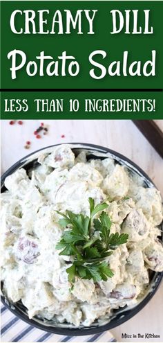 creamy dill potato salad in a black bowl with parsley on top and text overlay that reads, creamy dill potato salad less than 10 ingredients