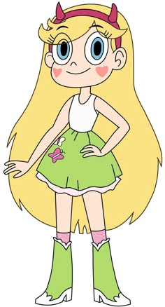 a cartoon girl with long blonde hair and green boots