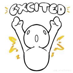 an image of a cartoon character with the word excited above his head and hands in the air