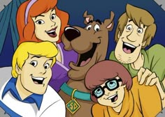 the cartoon characters are all smiling and posing for a group photo with their dog, scooby