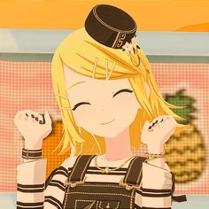 a woman with blonde hair wearing a black and white striped shirt holding her hands up in the air