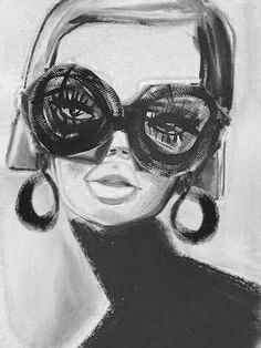 a black and white drawing of a woman's face with large round glasses on it