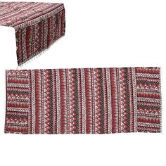 two pieces of red and white rugs next to each other on a white background