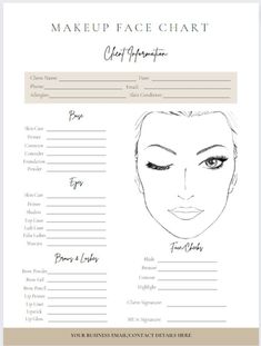 The perfect face chart template for MUA's who are just starting out and who want to be super organised! you can list all the products and shade names used in any trials or appointments for your clients so you have reference for their next appointment. You will require canva to be able to edit this template from the link. Face Chart Template, Chart Logo, Corrector Concealer, Makeup Face Charts, Perfect Face, Lip Primer, Face Chart, Chart Template, Mascara Lashes