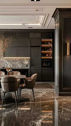 an elegant dining room with marble flooring and black walls, along with modern furniture