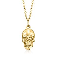 Ross-Simons - Italian 14kt Yellow Gold Skull Pendant Necklace. 18". RS Pure. Modern designs that complete your outfit and complement your personality. Sure, skulls make a cute spooky season accessory, but we're loving them year-round! Our 14kt yellow gold pendant necklace suspends a simple skull, offering some edgy yet elegant style for your layered look. Made in Italy. Cable chain includes a 2" extender. Springring clasp, 14kt yellow gold skull pendant necklace. Gold Skull Necklace For Halloween, Halloween Skull Shaped Gold Jewelry, Gold Skull Necklace, Simple Skull, Skull Pendant Necklace, Gold Skull, Fine Jewelery, Witchy Jewelry, Skull Necklace