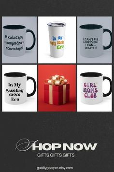 four coffee mugs with different designs on them and the words, i can't buy