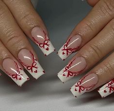 Here are some simple yet festive Christmas nail ideas that are easy to achieve: Red and Green French Tips: Instead of the classic white tips, use red or green polish for a festive twist on the French manicure. Snowflakes: A pale blue or white base with simple snowflake designs using a thin brush or nail art pen. Candy Cane Stripes: Use red and white stripes on a couple of accent nails, and keep the rest a solid red or white. Pink Girly Nails, Match Nails, Nails Gorgeous, Candy Cane Nails, Lace Nails, Christmas Nails Easy, Nails Done, Christmas Nails Acrylic, Soft Nails