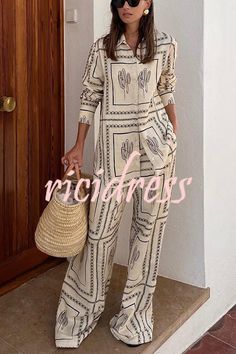 Bassett Linen Blend Elastic Waist Pocketed Wide Leg Pants Beige Long Sleeve Beach Sets, Casual Vacation Sets With Straight Pants, Beige Summer Sets With Straight Pants, Look Hippie Chic, Shirt Collar Styles, Mode Chanel, Vacation Wear, Looks Street Style, Straight Trousers