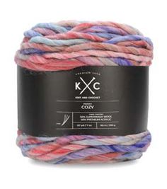 multicolored skeins of yarn with black label on the front and white background