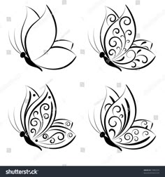 four different butterflies with swirls on their wings, one is black and the other is white