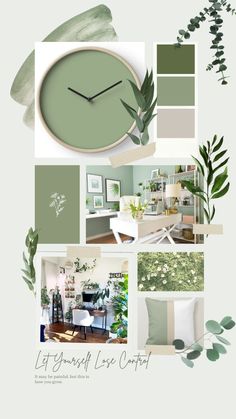 a collage with green and white decor