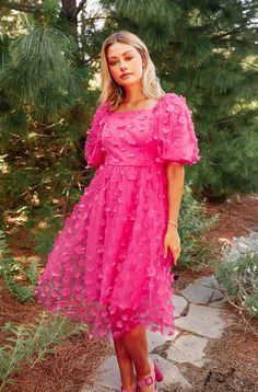 Pink Applique Dress, Semi Formal Modest Dresses, Homecoming Dress Modest, Hot Pink Floral Dress, Hot Pink Hoco Dress Modest, Modest Tulle Dress, Pink Modest Dress, Pink Feminine Ruffle Dress With Short Sleeves, Hot Pink Modest Dress