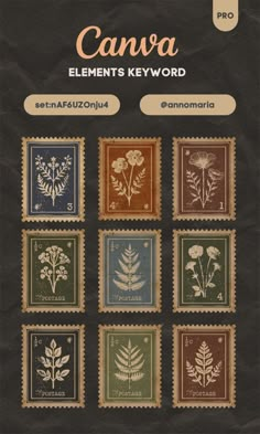 stamps with flowers on them and the words canva elements keyword written in different languages