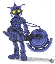 a drawing of a robot with yellow eyes holding a circular object in his hand and standing next to it