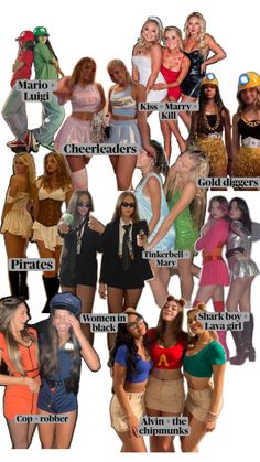 many different types of women dressed up in costumes and outfits with words above them that read,