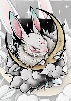 a drawing of a rabbit sleeping on the moon with clouds and stars in the background