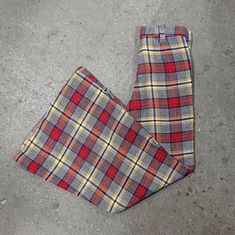 "Rare Vintage Plaid Bell-bottom Flared Pants by Carol Evans for JC Penney Made from acrylic fabric Unisex/ Kid's/ Student Cut Tag sz. 10 Measurements (in inches) taken laying flat: Waist: 13\" Hips: 15\" Front Rise: 10.5\" Back Rise: 12\" Inseam: 27\" In good vintage condition International shipping available." Aaron Core, 70s Outfit Inspiration, 1950s Pants, 70s Outfits, Vintage Pants, Vintage Plaid, Acrylic Fabric, Flared Pants, Bell Bottom