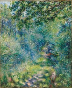 an impressionist painting of trees and bushes in the foreground, with sunlight coming through them