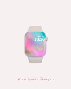 an apple watch with pink and blue holographics on the front, white background