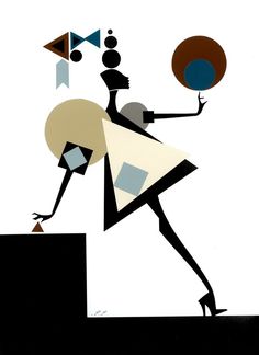 an abstract painting of a person holding a ball on top of a stair case with geometric shapes