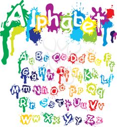 an alphabet with paint splattered on it and the letters are in different colors