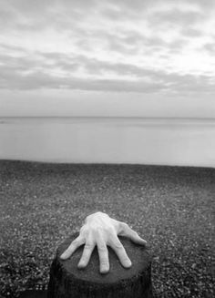 a person's hand resting on top of a rock near the ocean under a cloudy sky