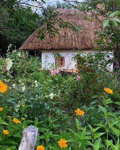 a thatched roof house surrounded by wildflowers and other flowers in the foreground