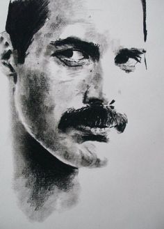 a black and white drawing of a man's face with a moustache